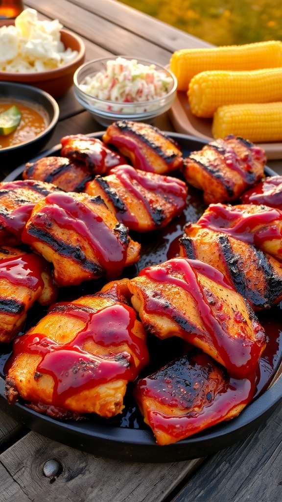 Grilled BBQ chicken on a rustic platter with sides of coleslaw and corn, set against a golden sunset.